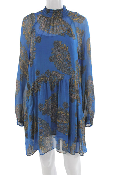 Free People Womens Trapeze Swing Dress Blue Paisley Long Sleeve Size M