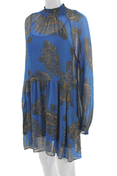Free People Womens Trapeze Swing Dress Blue Paisley Long Sleeve Size M
