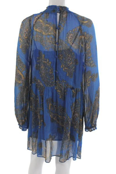 Free People Womens Trapeze Swing Dress Blue Paisley Long Sleeve Size M