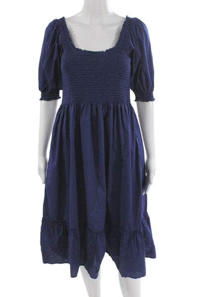 Hill House Home Women Fit & Flare Blue Cotton Square Neck Mid-Calf Dress Size M