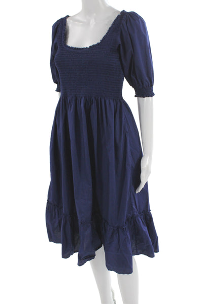 Hill House Home Women Fit & Flare Blue Cotton Square Neck Mid-Calf Dress Size M