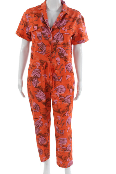 Rachel Antonoff Womens Orange Animal Print Collared Short Sleeve Jumpsuit Size S
