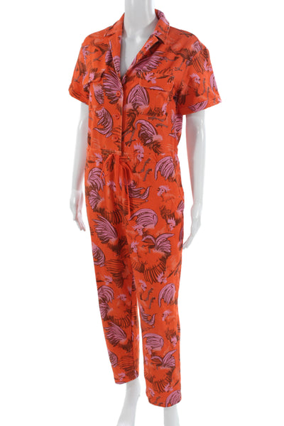 Rachel Antonoff Womens Orange Animal Print Collared Short Sleeve Jumpsuit Size S