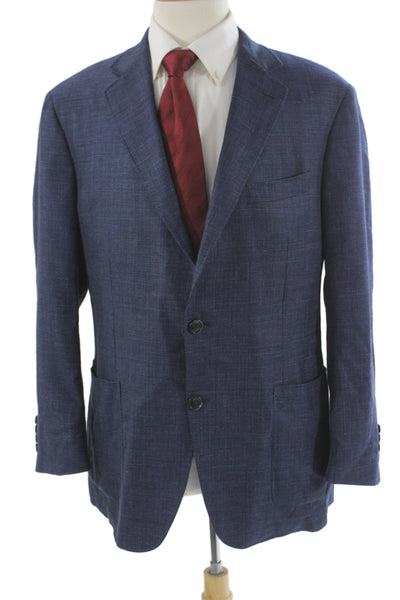 Canali Mens Blue Solid Wool Linen Blazer Button Closure Size 56