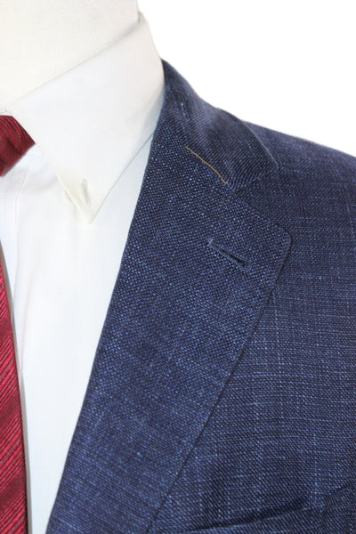 Canali Mens Blue Solid Wool Linen Blazer Button Closure Size 56