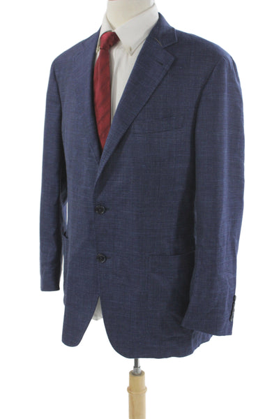 Canali Mens Blue Solid Wool Linen Blazer Button Closure Size 56