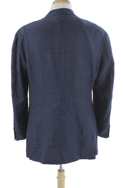 Canali Mens Blue Solid Wool Linen Blazer Button Closure Size 56