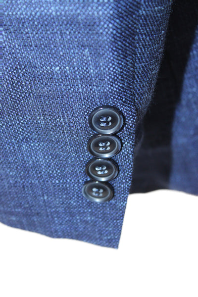 Canali Mens Blue Solid Wool Linen Blazer Button Closure Size 56