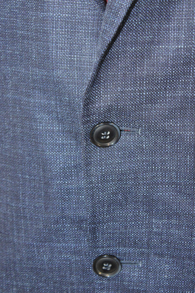 Canali Mens Blue Solid Wool Linen Blazer Button Closure Size 56
