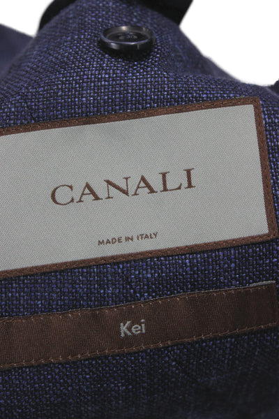 Canali Mens Blue Solid Wool Linen Blazer Button Closure Size 56