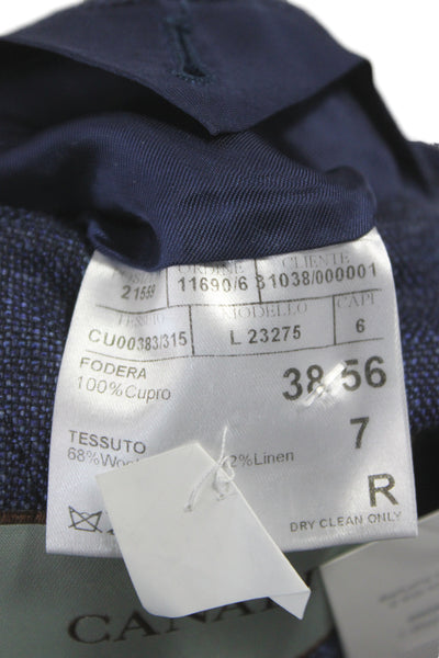 Canali Mens Blue Solid Wool Linen Blazer Button Closure Size 56