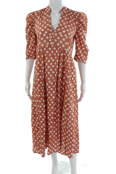 Matta Women Maxi Polka Dot Cotton VNeck 3/4 Sleeve Mid-Calf Dress Orange Size XS