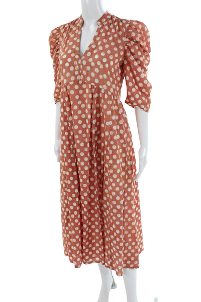 Matta Women Maxi Polka Dot Cotton VNeck 3/4 Sleeve Mid-Calf Dress Orange Size XS