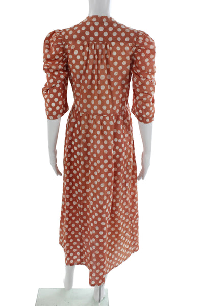 Matta Women Maxi Polka Dot Cotton VNeck 3/4 Sleeve Mid-Calf Dress Orange Size XS