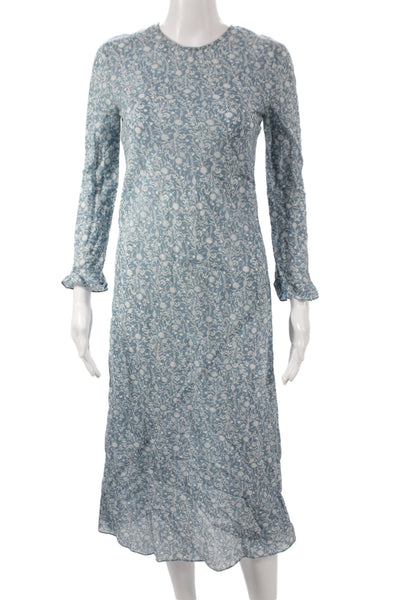 Doen Women Blue Floral Shift Dress Midi Long Sleeve Round Neck Size XS