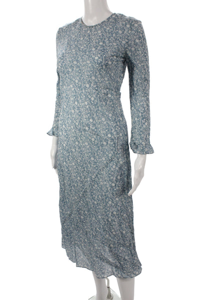 Doen Women Blue Floral Shift Dress Midi Long Sleeve Round Neck Size XS