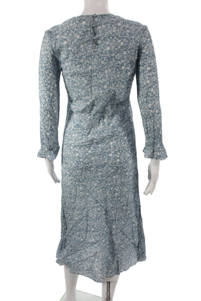 Doen Women Blue Floral Shift Dress Midi Long Sleeve Round Neck Size XS