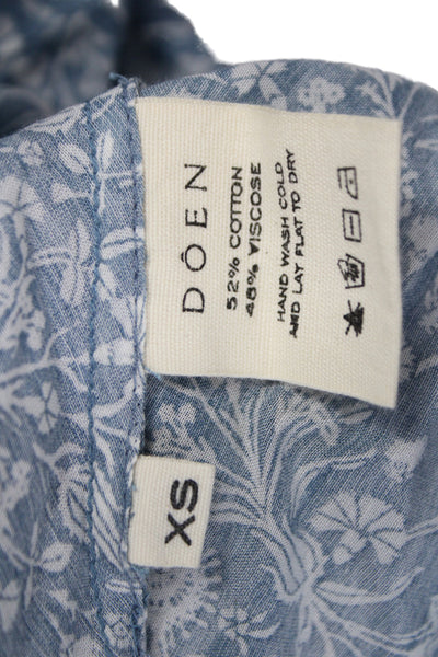 Doen Women Blue Floral Shift Dress Midi Long Sleeve Round Neck Size XS