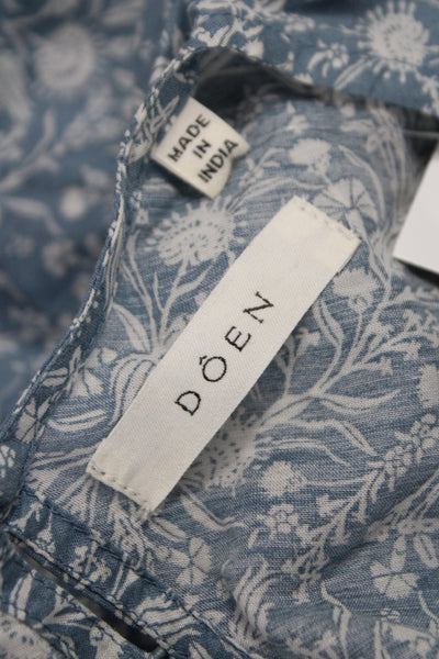 Doen Women Blue Floral Shift Dress Midi Long Sleeve Round Neck Size XS