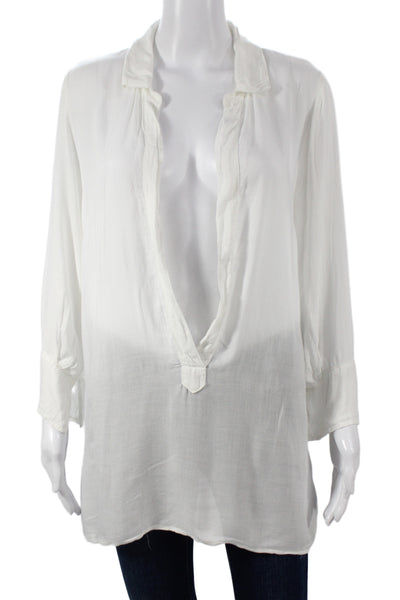 CP Shades Women Tunic Blouse White Cotton 3/4 Sleeve Collared Pullover Size XS