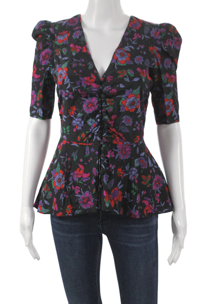 Veronica Beard Women Peplum Floral Silk V-Neck Short Sleeve Blouse Size 00