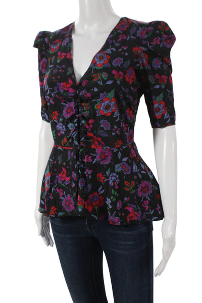 Veronica Beard Women Peplum Floral Silk V-Neck Short Sleeve Blouse Size 00