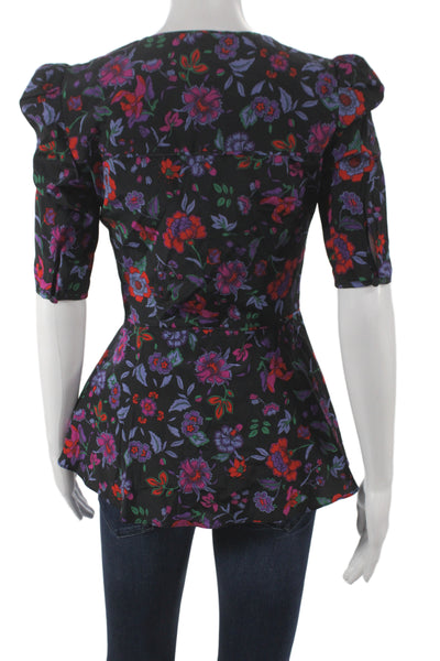 Veronica Beard Women Peplum Floral Silk V-Neck Short Sleeve Blouse Size 00