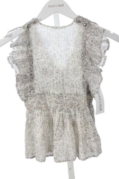 Louis & Louise Girls Ruffled Sleeve Crew Neck Floral Paisley Dress White Gray 3T