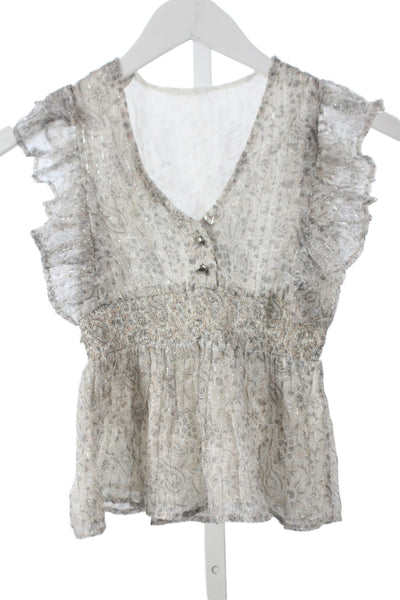 Louis & Louise Girls Ruffled Sleeve Crew Neck Floral Paisley Dress White Gray 3T