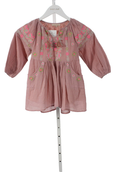 Louise Misha Girls Long Sleeve Keyhole Cross Stitched Dress Pink Cotton Size 3