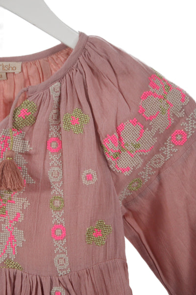 Louise Misha Girls Long Sleeve Keyhole Cross Stitched Dress Pink Cotton Size 3