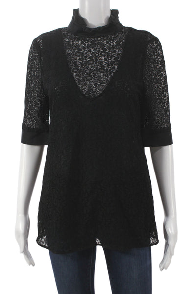 Tara Jarmon Womens Lace High Neck Tunic Blouse Black 3/4 Sleeve Size 40