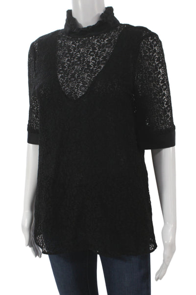 Tara Jarmon Womens Lace High Neck Tunic Blouse Black 3/4 Sleeve Size 40