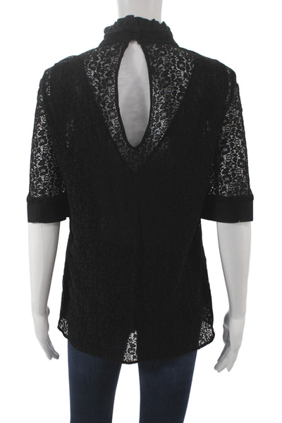 Tara Jarmon Womens Lace High Neck Tunic Blouse Black 3/4 Sleeve Size 40