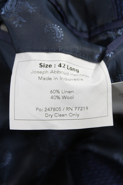 Joseph Abboud Mens Blue Linen Geometric Blazer Button Closure Size 42
