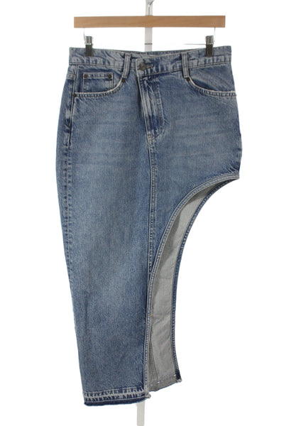 Zara Women Straight Pencil Asymmetrical Midi Skirt Blue Cotton Button Size S