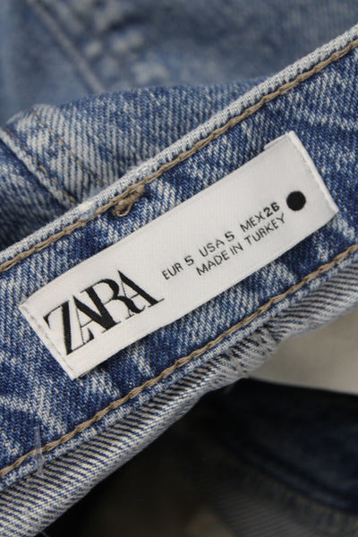 Zara Women Straight Pencil Asymmetrical Midi Skirt Blue Cotton Button Size S