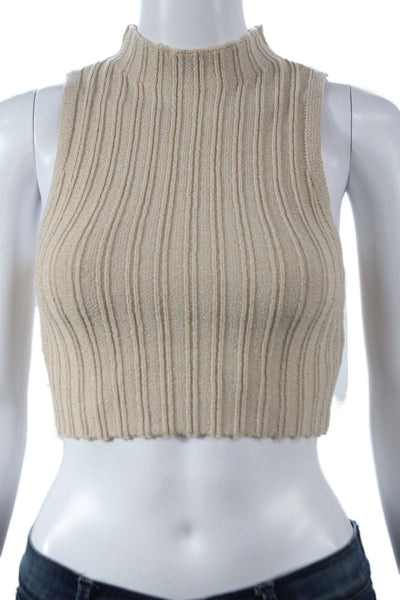 Hera Collection Women Cropped Beige Tank Mock Neck Sleeveless Acrylic Size M