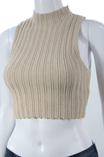 Hera Collection Women Cropped Beige Tank Mock Neck Sleeveless Acrylic Size M