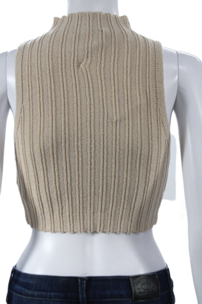 Hera Collection Women Cropped Beige Tank Mock Neck Sleeveless Acrylic Size M