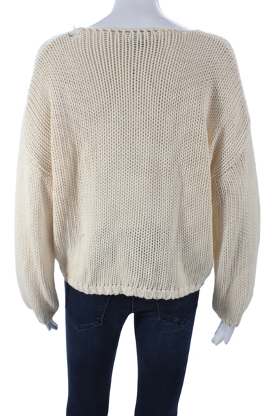 Miou Muse Women Pullover Sweater Ivory Cotton Boat Neck Long Sleeve Size M