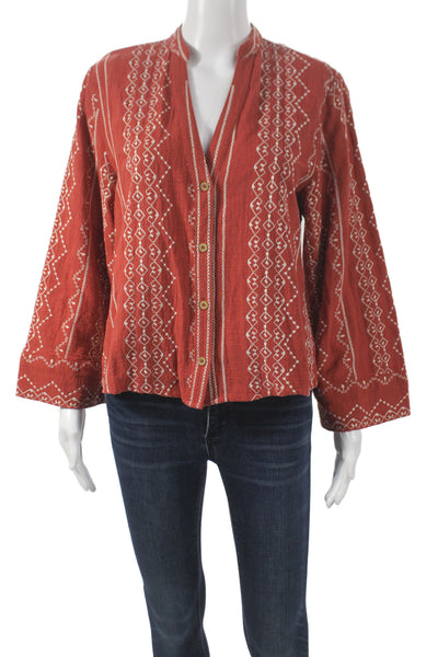 Zara Women Orange Geometric Collared Long Sleeve Basic Bohemian Blouse Size S