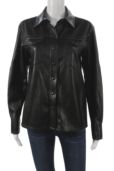 Good American Women Black Faux Leather Button Collared Jacket Size 0