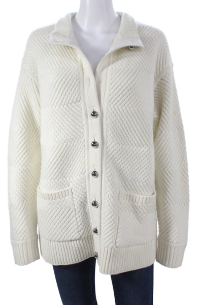 Toccin Womens Ivory Knit Geometric Collared Cardigan Long Sleeve Fall Size M