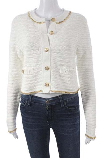 Toccin Women Cardigan White Mercerized Cotton Chain Detail Long Sleeve Size XS