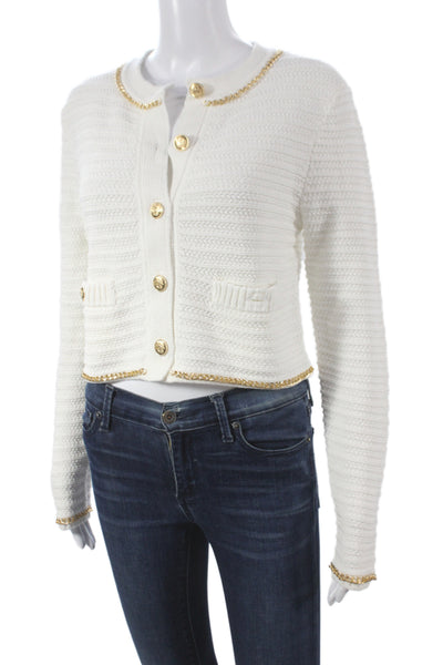 Toccin Women Cardigan White Mercerized Cotton Chain Detail Long Sleeve Size XS