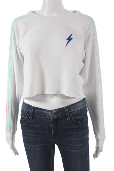 Aviator Nation Women Retro White Cotton Crew Neck Long Sleeve Pullover Size XS