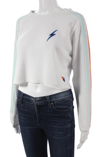 Aviator Nation Women Retro White Cotton Crew Neck Long Sleeve Pullover Size XS