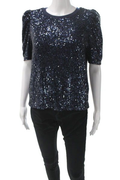 Generation Love Women Dark Blue Sequin Crew Neck Short Sleeve Blouse Size M