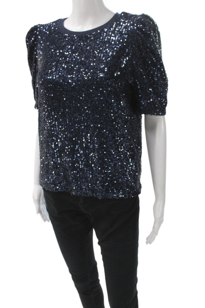 Generation Love Women Dark Blue Sequin Crew Neck Short Sleeve Blouse Size M